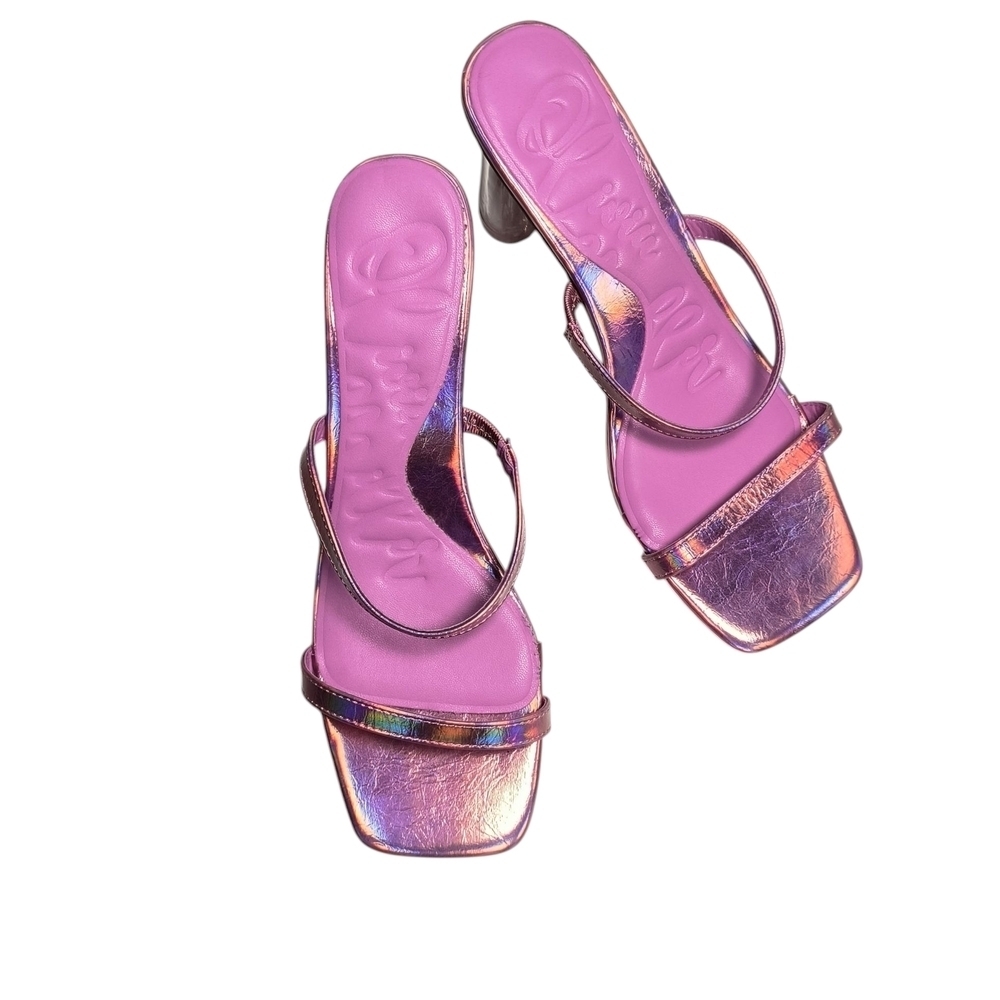 Olivia Miller Pink Metallic Women's Double Strap Heart Heeled Sandals 10